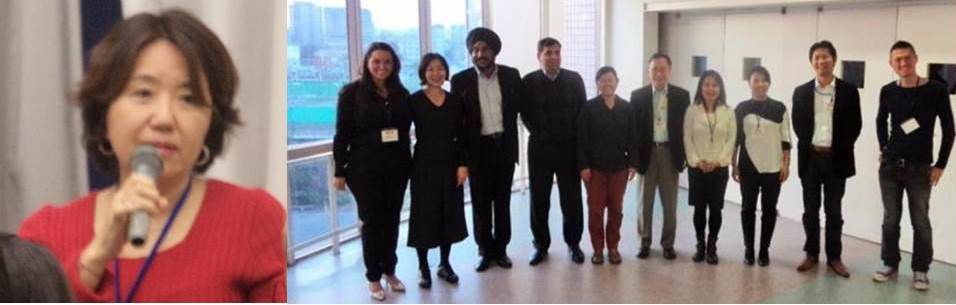 In left photo, Keiko Izushi, of WFP Kabul Donor Relations Head, and in group photo from left to right: Roberta Tomaz Bonfim, ICRC Protection Officer, Megumi Yoshii, Special Assistant to DSRSG UNOCI, Hisham Nassar Palestine Representative, Yoko Fujimura, IOM Head of Programmes, Former SRSG Hasegawa, Ikumi Ogiwari, ICRC Protection Delegate, Shukuko Koyama, ILO Disaster and Employment Specialist, Kenya Konno, FAO Programme Officer and Atsushi Nashimoto, UNSMIL Programme Officer