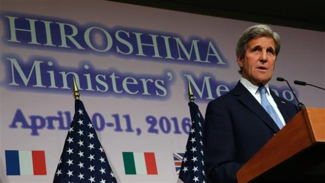 US Secretary of State John Kerry speaks during a press conference at the conclusion of the G7 Foreign Ministers' Meetings in Hiroshima on April 11, 2016. (Source: pressty.ir)